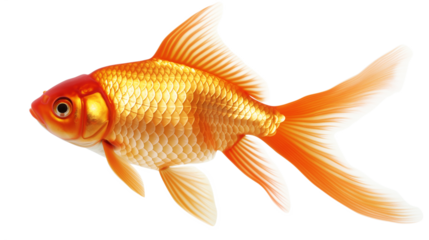 A gold and red fish swimming in a tank isolated on a transparent background