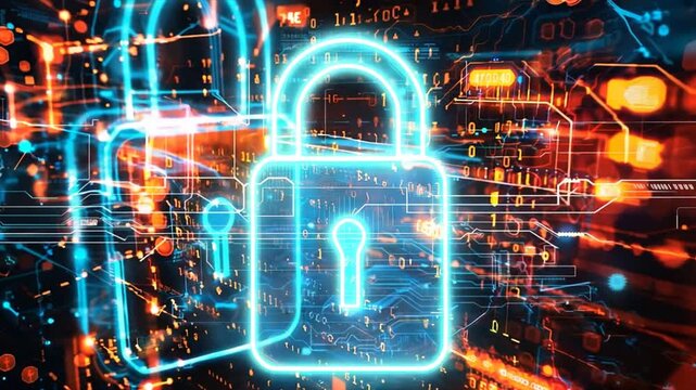 Digital padlock and binary code background, online security concept