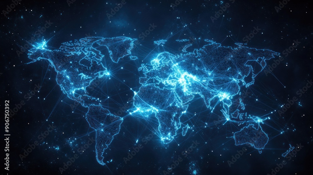 Poster A World Map with a Network of Interconnected Lines and Bright Spots