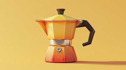 A simple illustration of an orange and yellow moka pot in the style of a 3d rendering, with a yellow background and cartoonish design, Generative AI