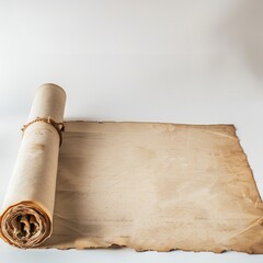 Vintage scroll opened papyrus, isolated on a white background, bright and vivid tonality, in the style of product photography