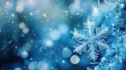 A Single Snowflake with a Blue Bokeh Background