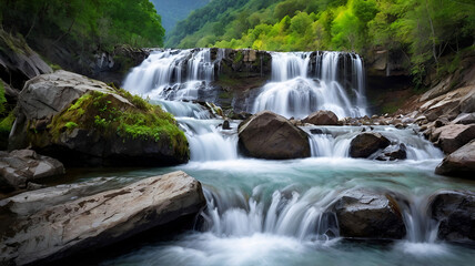 Fototapeta premium Beautiful mountain waterfalling background image and use it as your wallpaper. Ai generative