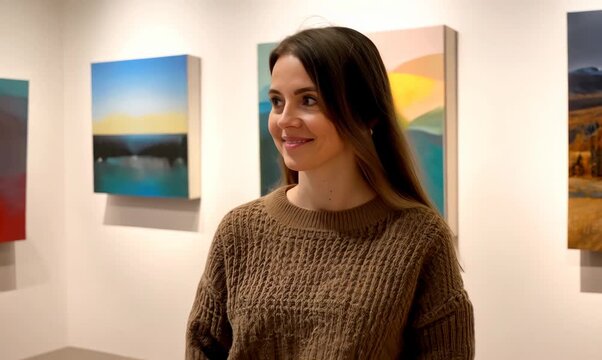 Environmental portrait video of a pleased woman in her 30s wearing a cozy sweater against an art gallery or museum background