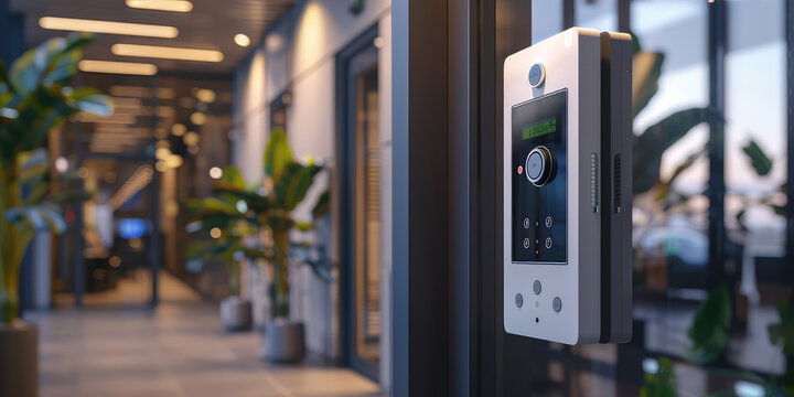 Modern video intercom at the entrance to the apartment door. Video doorbell to the house.