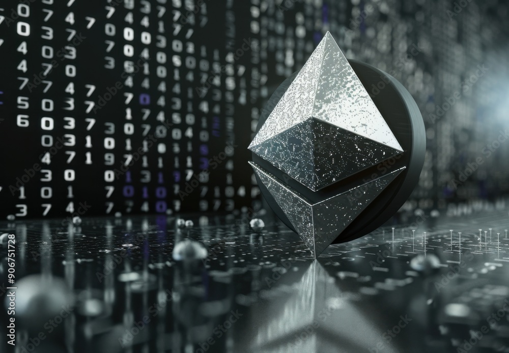 Aufkleber Ethereum logo on black background with white text in front, with metallic texture, holographic glass effect and floating in the air with binary code in the background