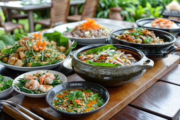 Variety of colorful Thai dishes served outdoors, featuring soups, stir-fries, salads, and seafood in traditional bowls and plates on wooden table
