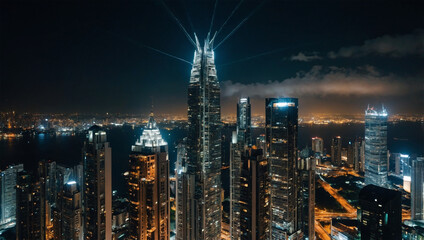 A view of a sparkling metropolis at night with the lights of tall buildings.