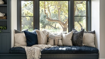 This inviting reading nook features dark blue cushions and a soft throw, perfect for enjoying natural light and beautiful outdoor scenery