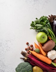 Mix of healthy fruits and vegetables arrangement on white background ,right corner with copy space 