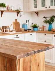Selective focus on wood table is
And in kitchen