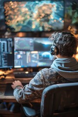 Fototapeta premium Young Man Working on Computer with Multiple Monitors and Headphones in Modern Home Office Environment