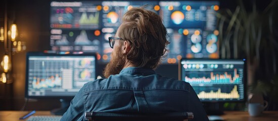 Data Analyst Working on Multiple Monitors with Financial Charts and Graphs in Modern Office