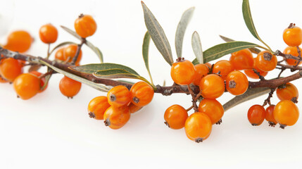 Sea buckthorn branch with fruits on a white background