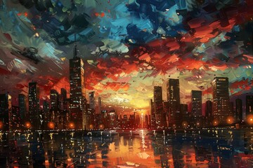 Cityscape at Sunset with Impressionistic Sky