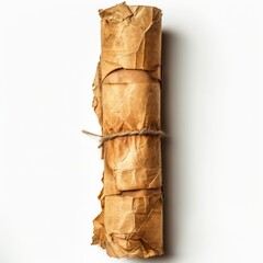 Vintage scroll opened papyrus, isolated on a white background, bright and vivid tonality, in the style of product photography