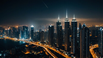 Fototapeta premium A view of a sparkling metropolis at night with the lights of tall buildings.