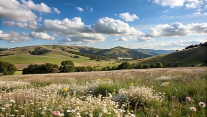 Rolling hills, blue sky, & field of wildflowers.