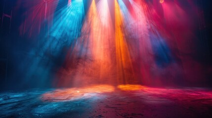 Fototapeta premium Colorful Stage Lights with Smoke Creating a Dramatic Atmosphere in a Dark Theater Setting