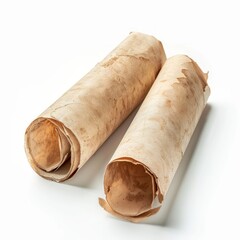 Vintage scroll opened papyrus, isolated on a white background, bright and vivid tonality, in the style of product photography