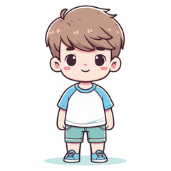 A cute boy with short hair wearing a t-shirt and short pants. Vector illustration of a smiling boy wearing casual clothes and standing.