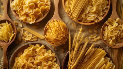 A variety of uncooked pasta types arranged in wooden spoons and bowls, highlighting traditional Italian cuisine.