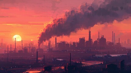 Fototapeta premium Industrial Cityscape at Sunset with Smokestacks and Pollution Against a Vibrant Orange and Pink Sky