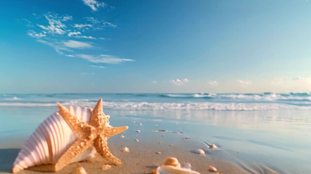 A seashore with shells, starfish, and conch shells on the sand, horizon, cloudless blue sky, few birds, and a calm sea