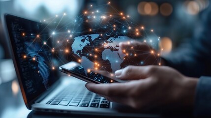 People Using Mobile Phone and Laptop Computer Surfing Internet, Innovative Technology Background, Digital Technology, Internet Network Connection, Big Data, Digital Marketing, IoT Internet of Things