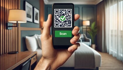 Hand holding smartphone with QR code on its screen in a hotel room