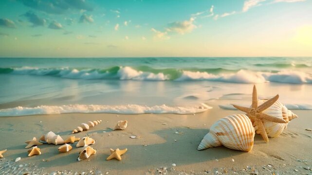 A seashore with shells, starfish, and conch shells on the sand, horizon, cloudless blue sky, few birds, and a calm sea