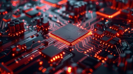 Fototapeta premium Close-up of a glowing red circuit board with a central processor. The intricate circuitry and bright lights suggest advanced technology and innovation.