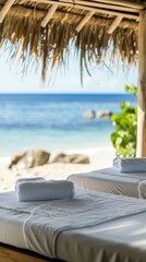 Obraz premium Spa cabana on the beach with massage tables, rejuvenating setting, seaside wellness