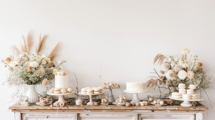 Rustic White Dessert Table Decorated with Dried Flowers