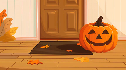 Obraz premium Door adorned with Halloween pumpkin next to Trick Or Treat Orange Welcome Mat.