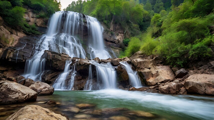 Fototapeta premium Beautiful mountain waterfalling background image and use it as your wallpaper. Ai generative