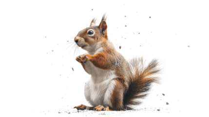 A squirrel is sitting on the ground with its head down isolated on a transparent background