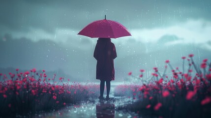 A solitary figure stands in a field of red flowers, holding a red umbrella against the rain.  The misty atmosphere creates a sense of mystery and solitude.