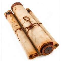 Vintage scroll opened papyrus, isolated on a white background, bright and vivid tonality, in the style of product photography
