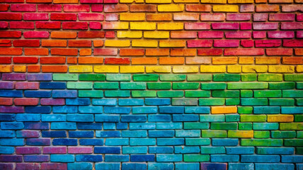 Bright brick wall with a gradient transition of colors reminiscent of a rainbow spectrum