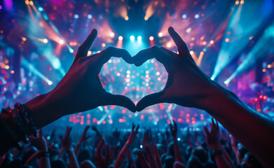 Hands forming a heart shape against a backdrop of colorful lights at a concert, capturing the...