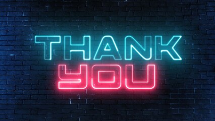 Thank You text font with neon light. Luminous and shimmering haze inside the letters of the text Thank You. Thank You neon sign.