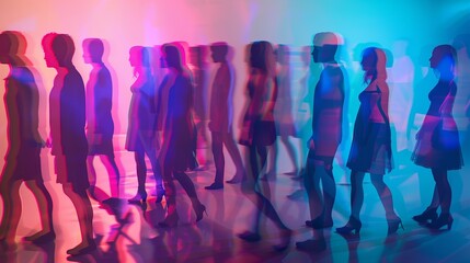 Silhouettes of people walking through a brightly lit space, creating a blurred and ethereal effect.
