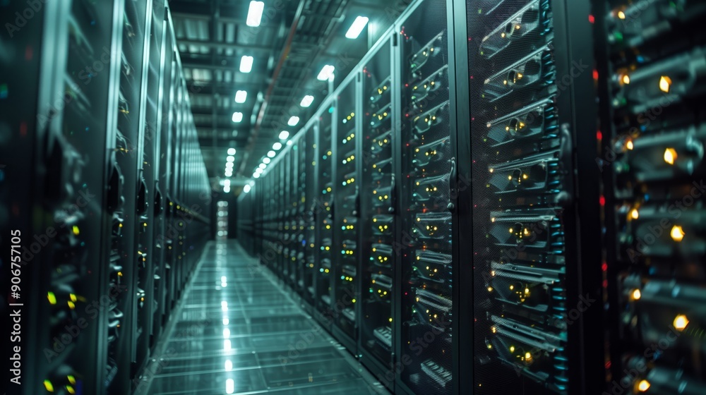 Poster a modern server room filled with rows of illuminated data servers operating efficiently in low light