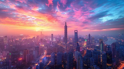 Fototapeta premium Majestic Sunset Over the Bustling Skyline of Shanghai, China