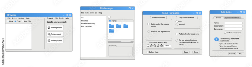 Poster retro set of system windows in blue style. old browser with user interface options.