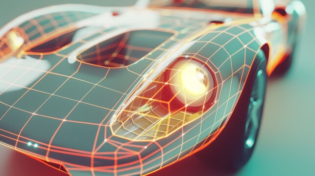 A close-up of a vintage sports car with a wireframe overlay, showcasing its sleek design and futuristic aesthetic.