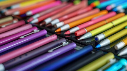 Fototapeta premium A close-up shot of a variety of colored pens and pencils arranged in rows