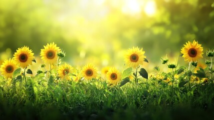 Fototapeta premium Sunflowers in a Field of Green with a Blurred Background