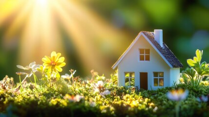 Miniature White House Surrounded by Flowers and Green Grass in Sunlight